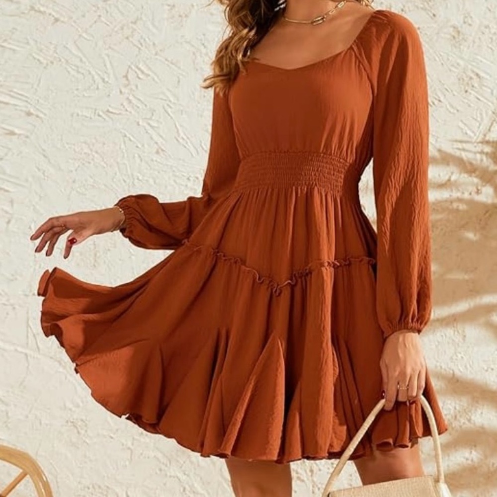 Rust/ brown/ terracotta Boho Smocked Waist Mini Dress – Size Medium